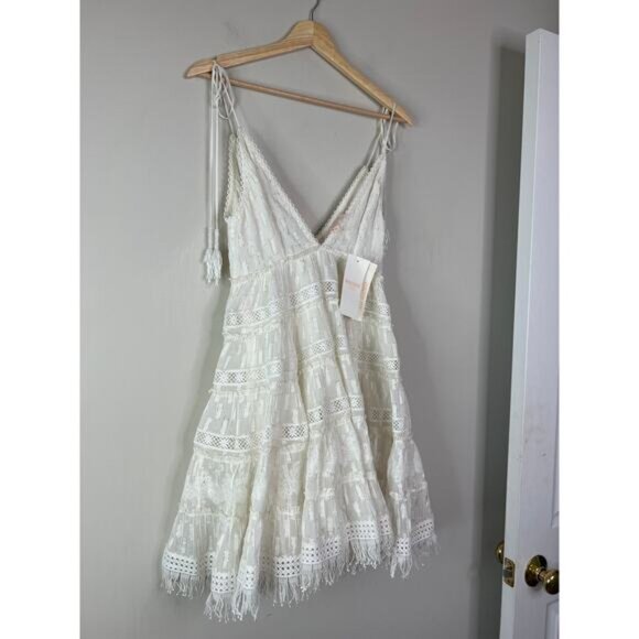 Rococo Sand Fil Coupe Tiered Eyelets Metallic Lace Mini Dress White Size: XS - Picture 3 of 9